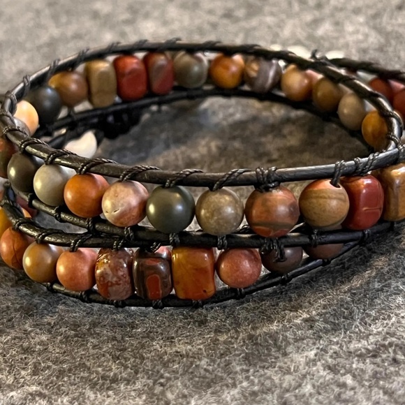 Double Wrap Leather Bracelet - Red Creek Jasper, Artisan Clasp, Bear Charm - Picture 5 of 11